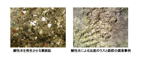 左写真：酸性水を発生させる黄鉄鉱。右写真：酸性水による法面のラスと鉄筋の腐食事例